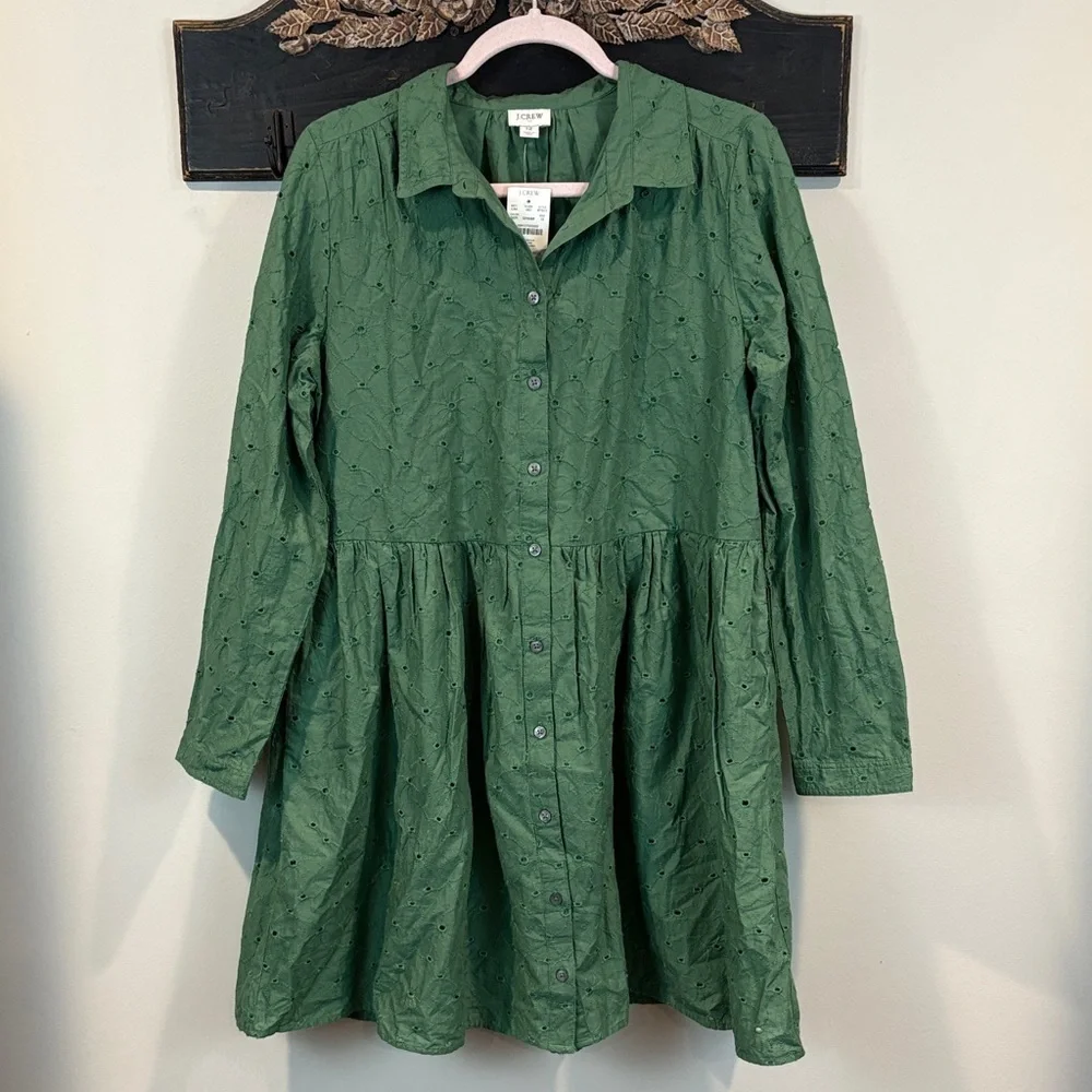 NWT J. Crew Eyelet Button Down Shirt Dress with Pockets Size 12